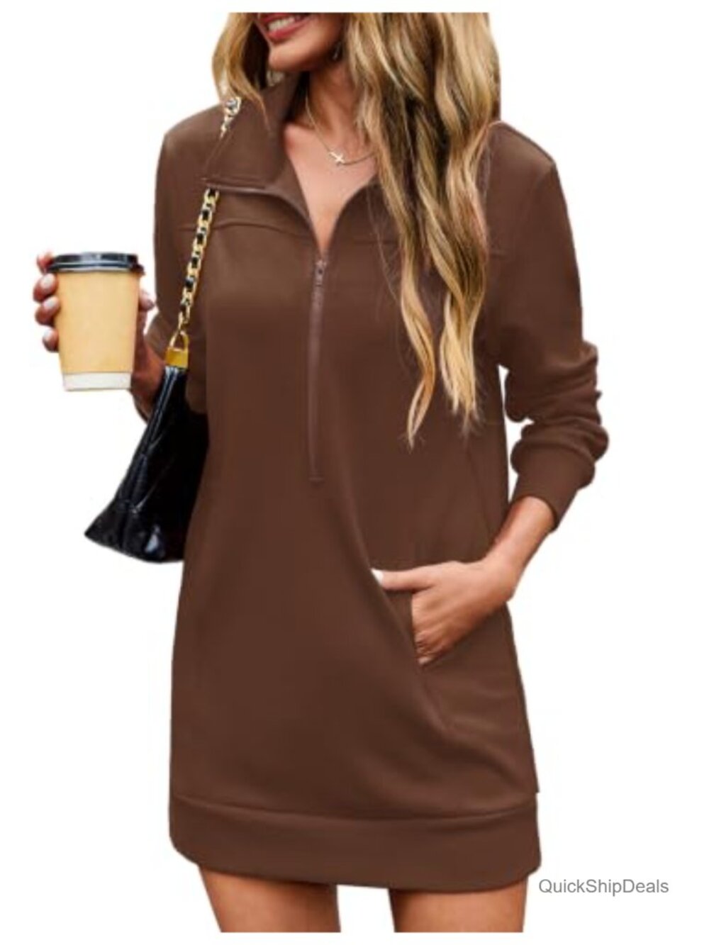 Half Zip Sweatshirt Dress Long Sleeve Mini Dress with Pockets